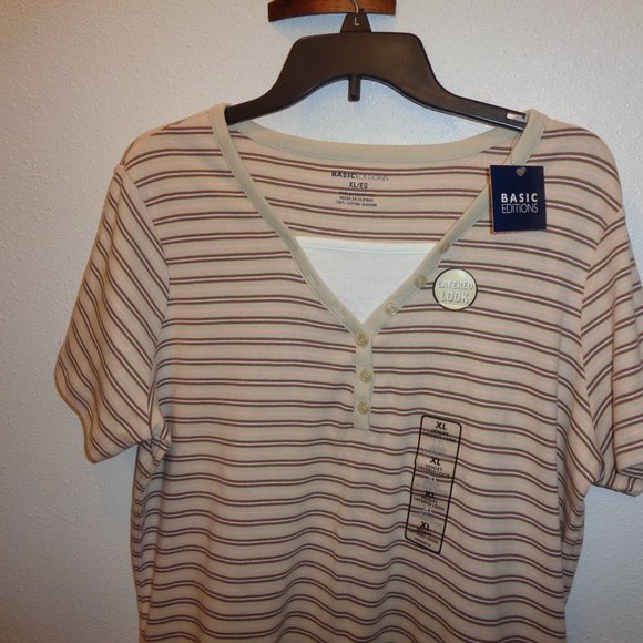 Basic Editions Women's Layered Henley Short Sleeve Striped Top Size XL N… - Picture 2 of 11